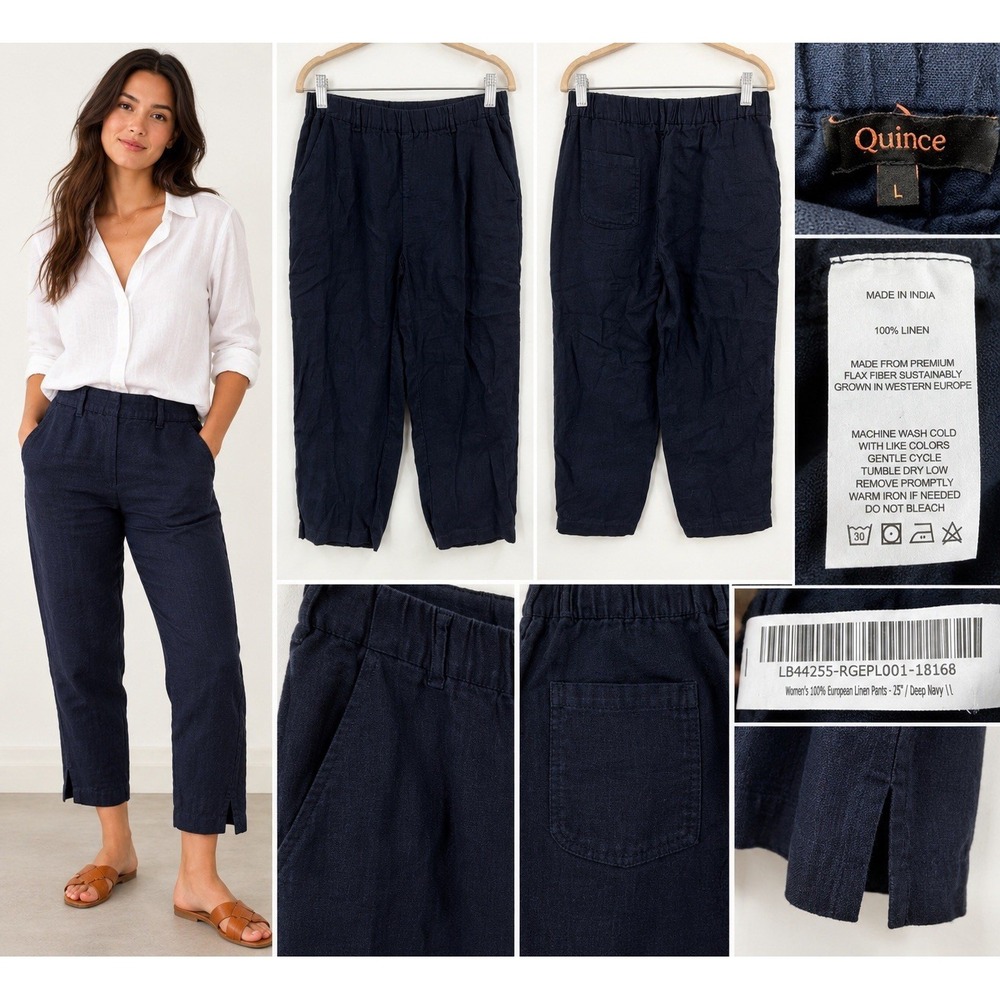 Quince Womens L Deep Navy 100% European Linen Pants Lagenlook Capsule Minimalist